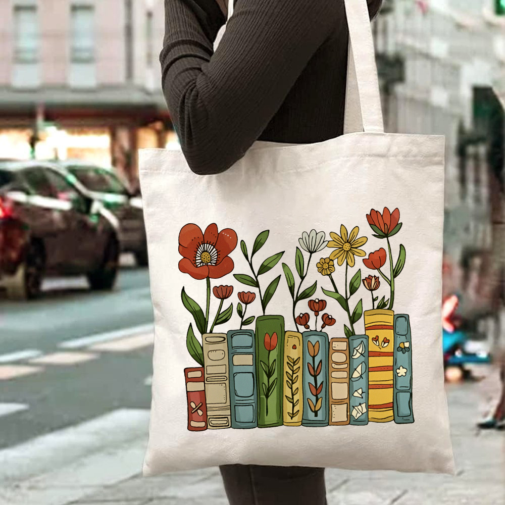 Tote Bag with Bookshelf Print, - Women Hand Bags For Office 评论和价格